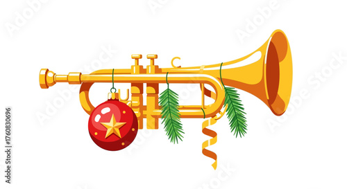 Festive Golden Trumpet Adorned with Christmas Ornament and Greenery Decorations.