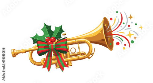 Festive Golden Trumpet with Christmas Holly and Holiday Decorations.