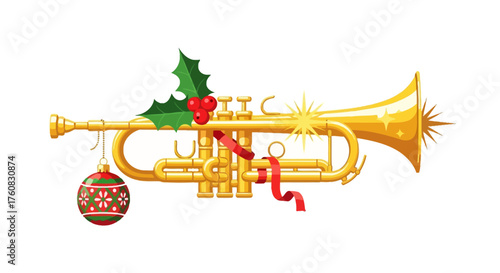 Festive Golden Trumpet with Christmas Ornament and Holly Decoration.