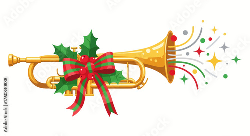 Festive Golden Trumpet with Holiday Holly and Ribbon Decoration.