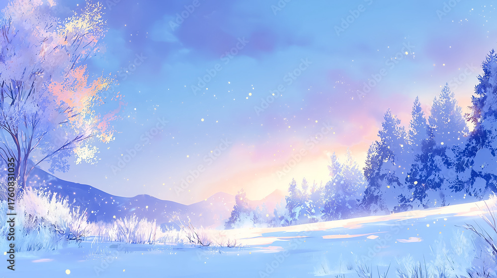 Fototapeta premium 幻想的な冬の雪景色 輝く光と淡いグラデーションの空