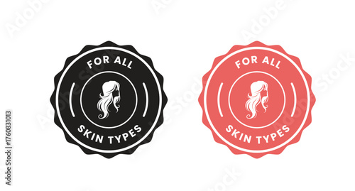 For all skin types label icon set. Face beauty women skin care packaging label for cream, toner, moisturizer, facial mask, lotion, logo, badge, symbol, black, line vector, isolated on white background