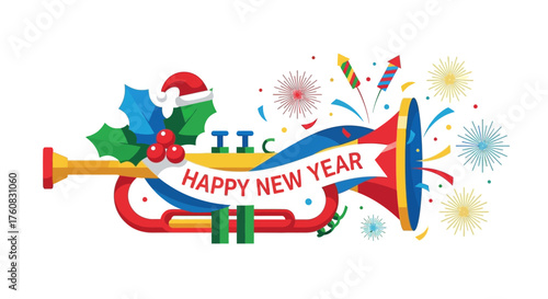 Festive Trumpet Illustration with Happy New Year Banner and Decorations.