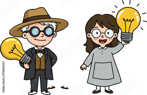 Cartoon inventors, light bulb idea, innovation concept, historical scientist characters, creative thinking, teamwork, discovery, imagination, education, technology inspiration