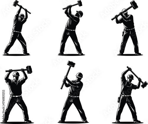 Construction worker swinging sledgehammer, manual labor poses, safety gear illustration, black and white vector, industrial strength, demolition technique, ergonomic movement study