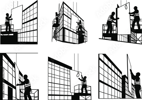 Construction workers installing curtain wall glass panels using crane, safety gear, scaffolding, vector silhouette illustration for architecture, building facade, and construction safety content