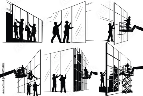 Construction workers installing glass panels on modern building facade, using lifts, teamwork, safety gear, and tools for architectural maintenance and glazing