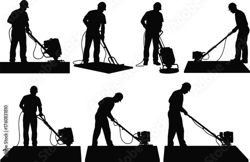 Construction workers operating plate compactor machine, wearing safety gear, flattening surface, roadwork equipment, civil engineering labor, black silhouette vector illustration