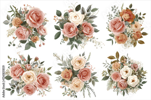 Beautiful watercolor rose clipart featuring delicate flowers, leaves, and floral arrangements