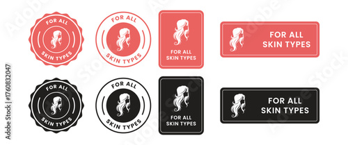 For all skin types label icon set. Face beauty women skin care packaging label for cream, toner, moisturizer, facial mask, lotion, logo, badge, symbol, black, line vector, isolated on white background