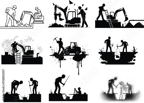 Construction workers, excavation scenes, trench digging, teamwork, heavy machinery, manual labor, black and white vector illustration, industrial site, tools, engineering concept