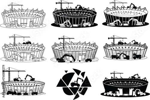 Construction, demolition, recycling, sustainability, circular stadium, heavy machinery, urban development, eco-friendly architecture, lifecycle illustration, vector art, infrastructure concept, reuse