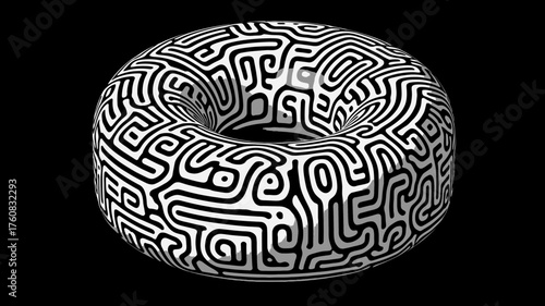 Abstract 3D torus with intricate black and white maze pattern, geometric design, digital art, complex labyrinth shape