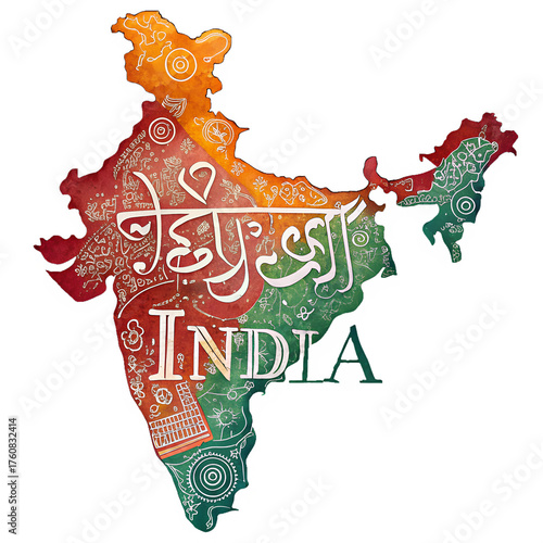India Map Formed Entirely from Traditional Sanskrit Letters, Watercolor Effect, Isolated PNG