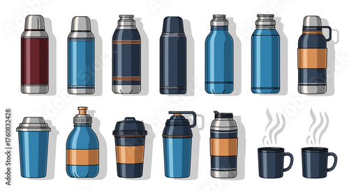 Diverse Collection of Modern Insulated Bottles, Thermoses, and Steaming Coffee Mugs for Hot and Cold Beverages, Rendered in Flat Vector Style on a Clean White Background