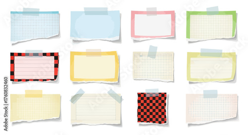 Realistic vector set of torn paper notes with adhesive tape. Collection of ripped memo scraps and notebook pages for design