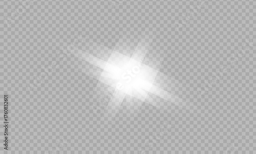 White sparkle light effect isolated on transparent background. Glowing silver white light. Shining star, light spark with rays. Light sparkle bling effect. Light PNG. Flare light, lens flare	