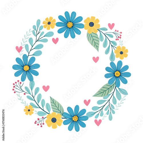 Floral Wreath: A captivating floral wreath, a circle of delightful blue and yellow flowers, interwoven with charming green leaves and adorned with delicate pink hearts.