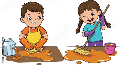 chores, spilled juice, sweeping, scrubbing, gloves, apron, responsibility, hygiene, learning, cooperation, cleanup, sponge, broom, bucket, mess, helping, siblings, indoor activity