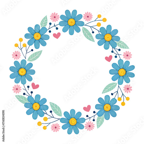 Floral Wreath Illustration: A vibrant floral wreath featuring delicate blue flowers, tiny pink hearts, and lush green leaves, evoking feelings of spring and renewal.
