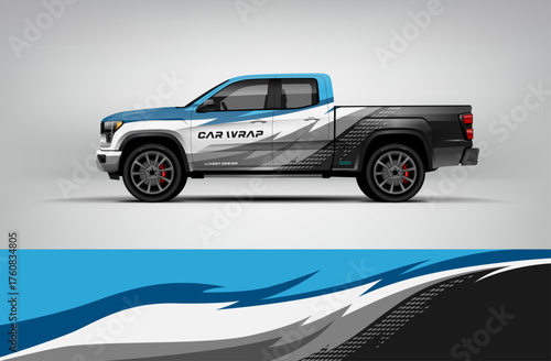 White and blue pickup truck wrap featuring clean aerodynamic flow lines. Editable vector EPS format.