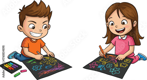 Children drawing with colorful chalks, creative kids art activity, teamwork, preschool learning, indoor playtime, childhood development, fun, education, imagination