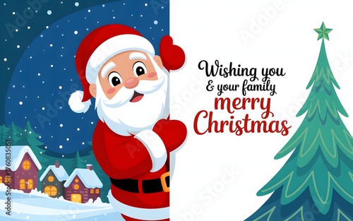 Santa claus peeking around a christmas tree wishing merry christmas