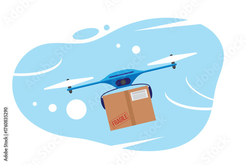 Blue Drone Delivering a Fragile Parcel Abstract Illustration. Postal services and flying devices vector art