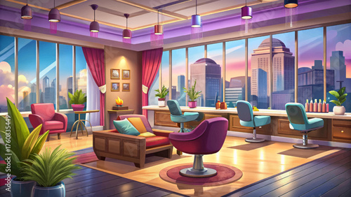 Very beautiful vector cartoon illustration of a luxurious hair salon with panoramic city views, modern furniture, and elegant lighting — offering a spacious, stylish, and relaxing atmosphere for beaut