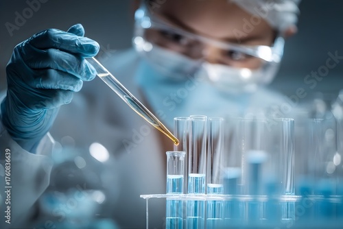Scientist working with test tubes and pipette in modern laboratory.