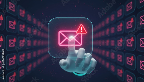 Finger Pressing Digital Email Notification Icon, Hand, Virtual Interface, 3D Illustration, Dark Futuristic Background, Security Alert Concept