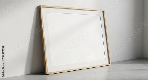 Framed blank canvas leaning against a minimalist wall in a bright, modern interior space