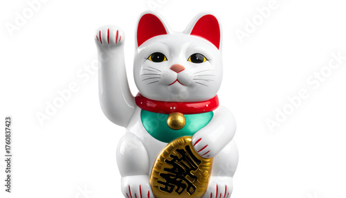 Wallpaper Mural Classic White Maneki-neko with Gold Bell and Raised Right Paw, Ceramic Lucky Cat Figurine Isolated Torontodigital.ca