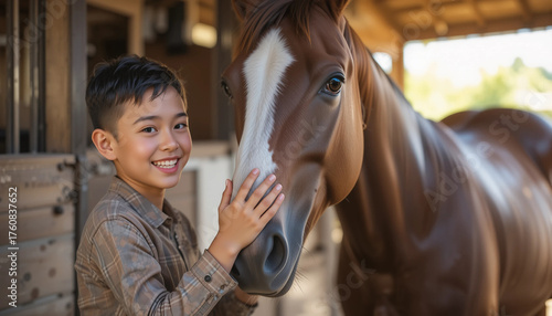 Young Asian boy smiling while gently touching a brown horse in a stable, showcasing a bond between child and animal in a warm, inviting environment