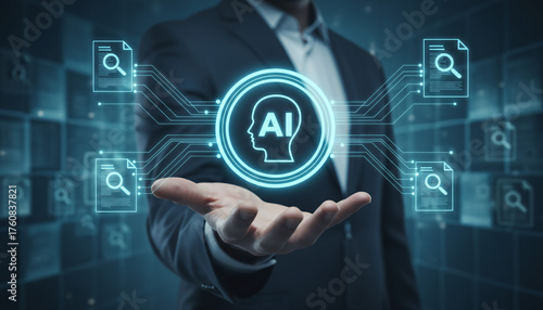 Business Professional Holding AI Technology Hologram, Virtual Interface, Office, Digital Illustration, Futuristic Concept