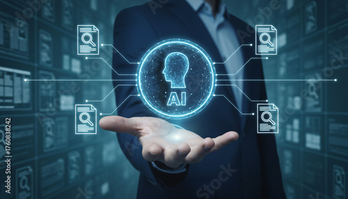 Businessman Presenting Artificial Intelligence Technology in Modern Data Center, Digital Illustration, Futuristic Environment, Front View, Innovation Concept