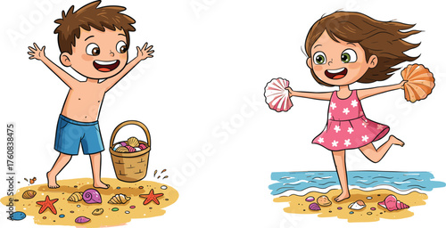 Children playing on beach, summer vacation, seashell collection, joyful kids, ocean waves, barefoot fun, starfish, nature, seaside, happy moment