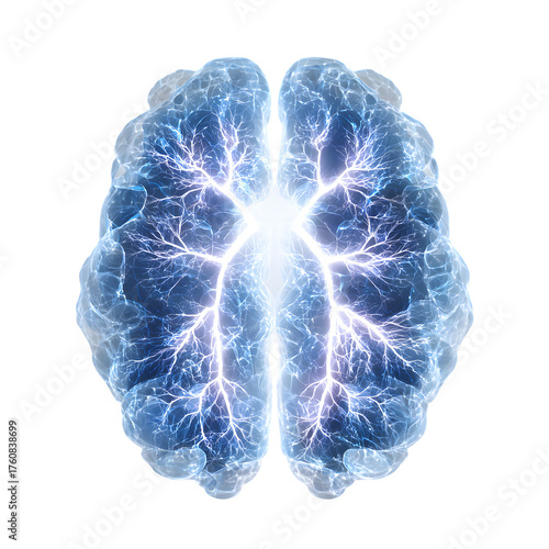 Glowing blue human brain with active neural network. Concept of AI, consciousness, and thinking. 3D illustration isolated on black background.