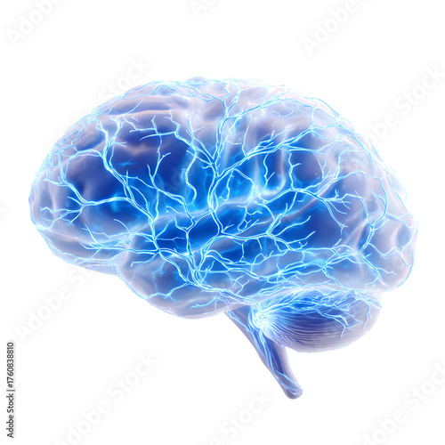 Glowing blue human brain with active neural network. Concept of AI, consciousness, and thinking. 3D illustration isolated on black background.