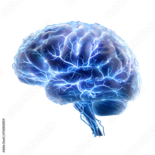 Glowing blue human brain with active neural network. Concept of AI, consciousness, and thinking. 3D illustration isolated on black background.