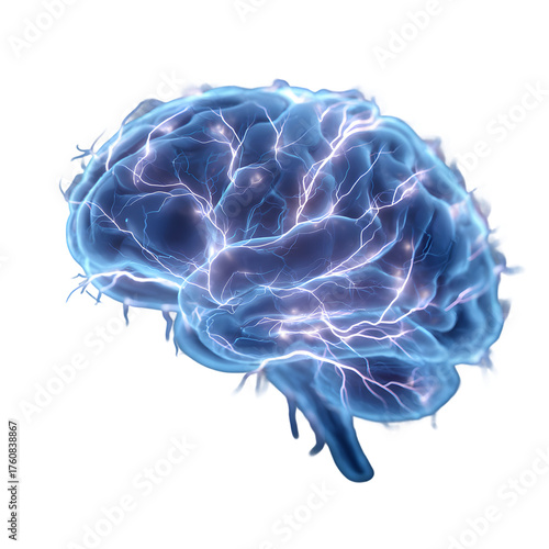 Glowing blue human brain with active neural network. Concept of AI, consciousness, and thinking. 3D illustration isolated on black background.