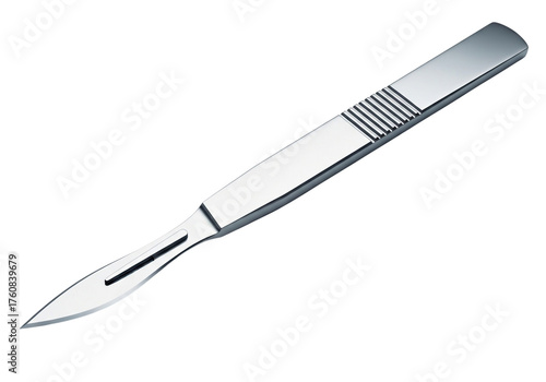 A sterile surgical scalpel with a sharp blade, isolated on transparent background