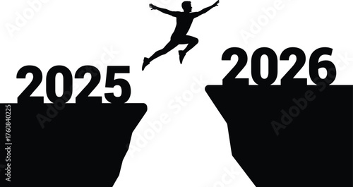 Leaping into the Future A Silhouette Jumps from 2025 to 2026. Jumping from 2025 to 2026, New Year Transition Concept Vector