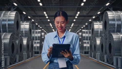 Wallpaper Mural Asian Female With Her Tablet with Stacks of Huge Metal Steel Coils in Warehouse, Work Continuously With Her Tablet Torontodigital.ca