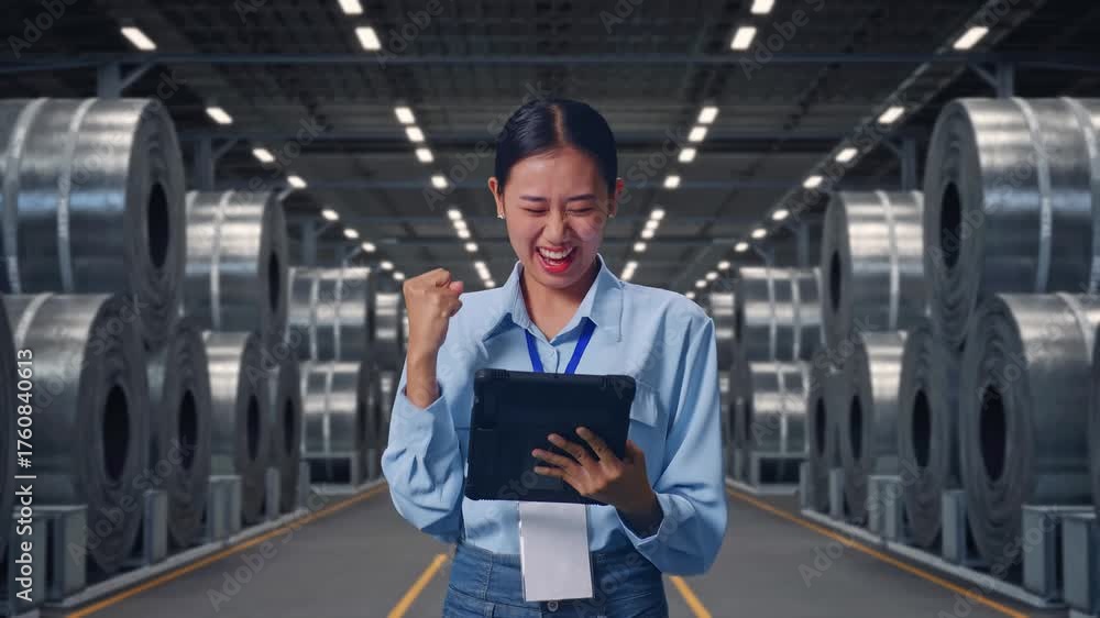 custom made wallpaper toronto digitalAsian Female With Her Tablet with Stacks of Huge Metal Steel Coils in Warehouse, She Raises Her Fist Up With Screaming Goal
