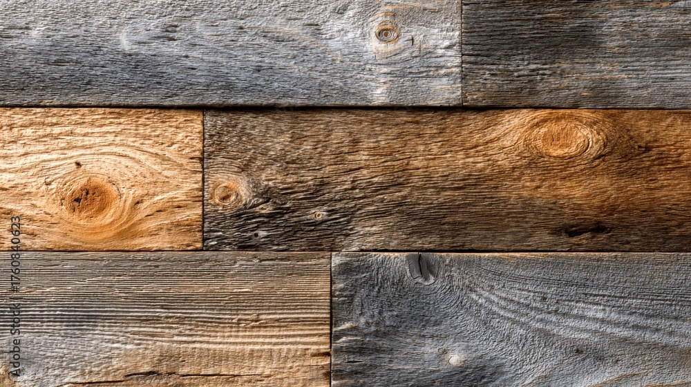 Fototapeta premium Rustic wooden wall with varied grain patterns and colors in soft lighting