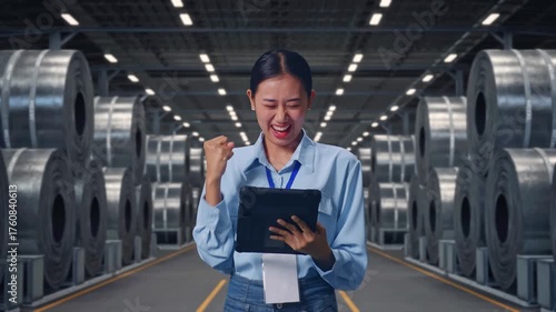 Wallpaper Mural Asian Female With Her Tablet with Stacks of Huge Metal Steel Coils in Warehouse, She Raises Her Fist Up With Screaming Goal Torontodigital.ca
