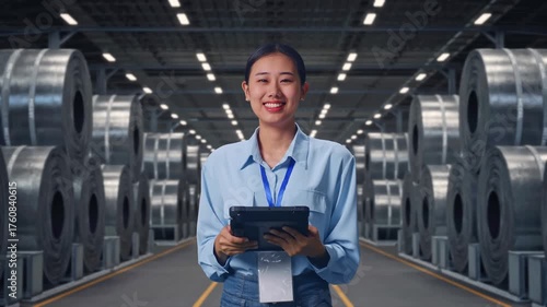 Wallpaper Mural Asian Female With Her Tablet with Stacks of Huge Metal Steel Coils in Warehouse, She Is Looking At The Camera With A Smile Torontodigital.ca
