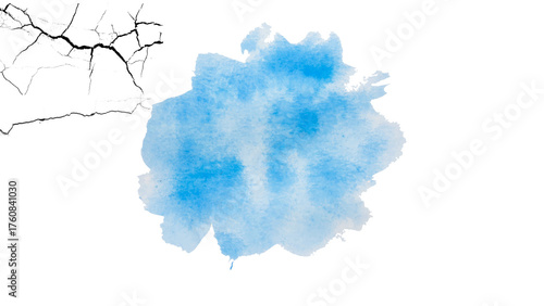 A blue watercolor paint blob on a white background with a partial view of a black branch in the upper left corner.