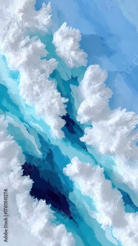 A vibrant abstract landscape with swirling shades of blue and white, evoking a sense of movement and serenity through its smooth brush strokes and fluid forms